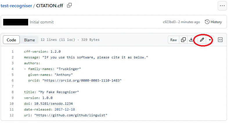 Screenshot of the Citation.cff file.