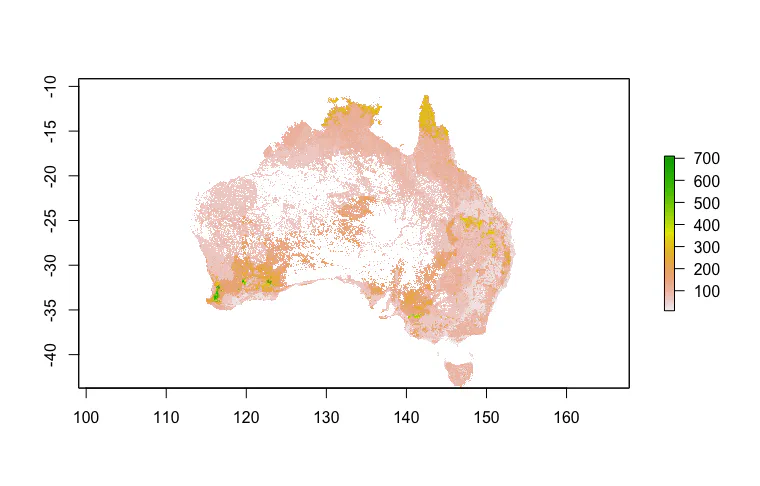 Figure 6: Predicted call frequency (number of calls) of the Southern Boobook, using a Boosted Regression Tree.
