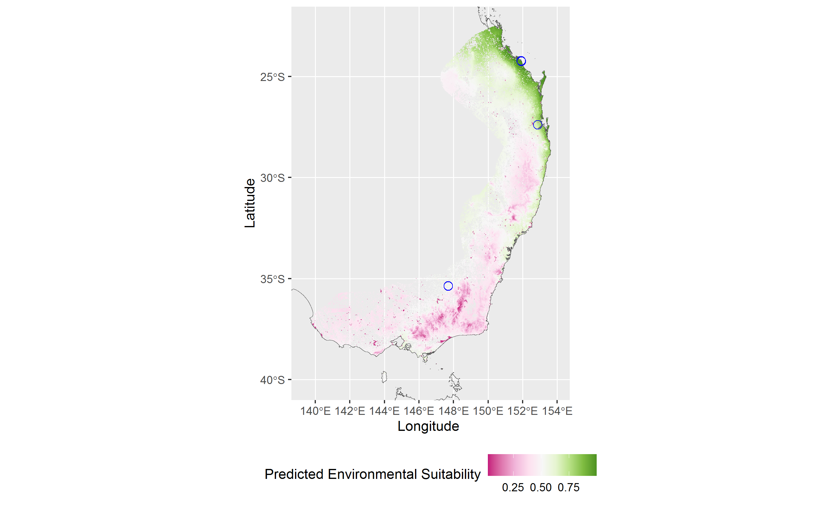 Figure 3: MaxEnt prediction of environmental suitability using Powerful Owl prescence data and five environmental layers. Prescenes are marked with blue circles (note that some records are overlapping due to the scale).