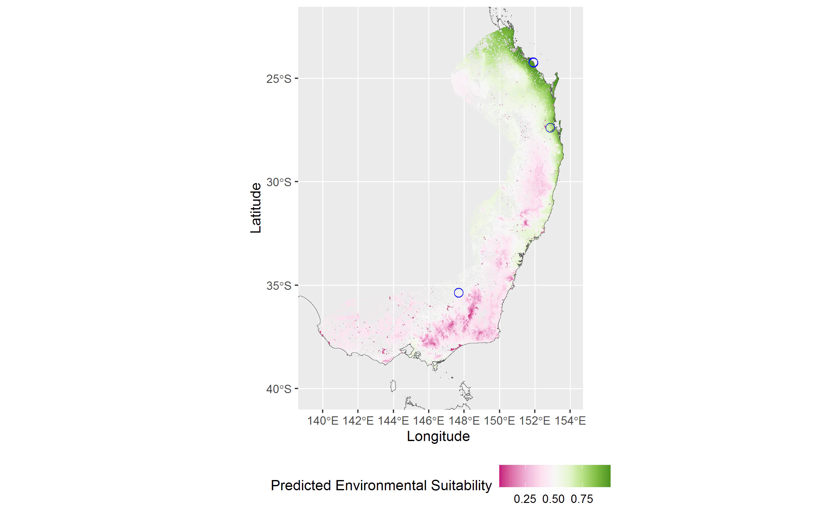 Figure 3: MaxEnt prediction of environmental suitability using Powerful Owl prescence data and five environmental layers. Prescenes are marked with blue circles (note that some records are overlapping due to the scale).